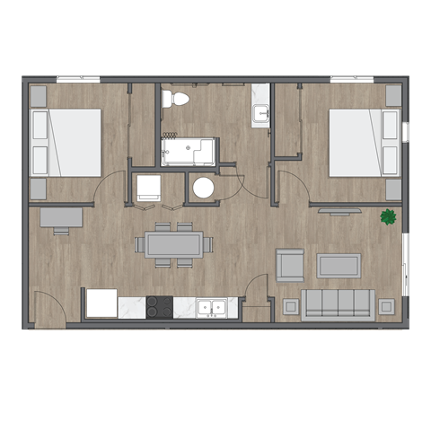 Floor plan for 2 beds, 1 bath, 801 sqft